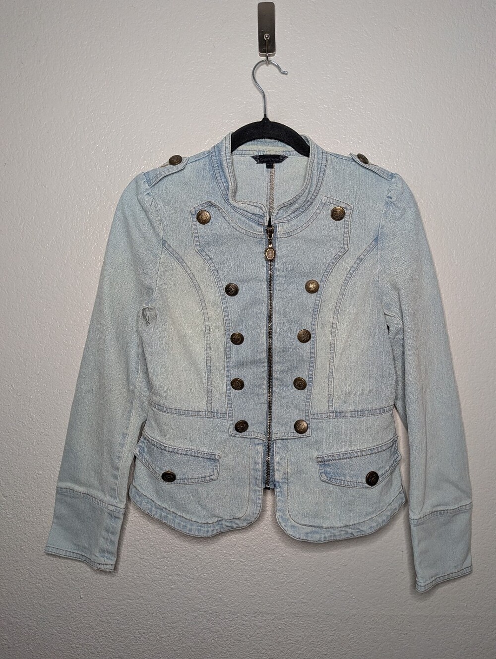 Cache Vintage Light Blue Military Nautical Denim Zip Up Jacket M